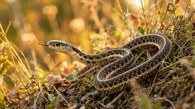 checkered garter snake close up at golden light in sonora desert mexico
