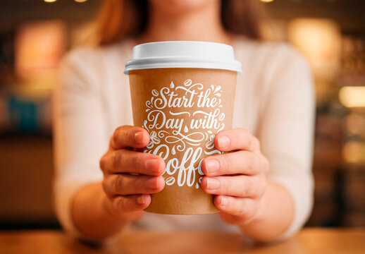 Disposable coffee cup mockup held with both hands