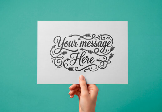 Hand holding blank card minimal clean background