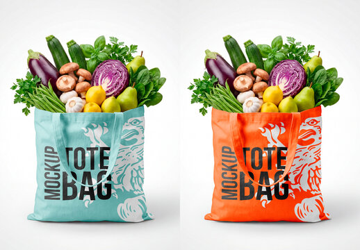 Tote bag filled with fresh groceries isolated on white background
