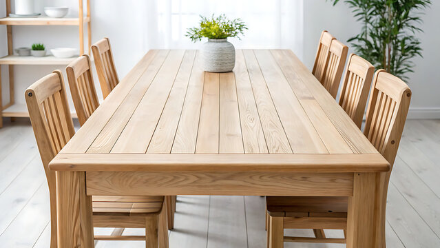 Empty wooden dining table with chairs in bright minimalist interior setting