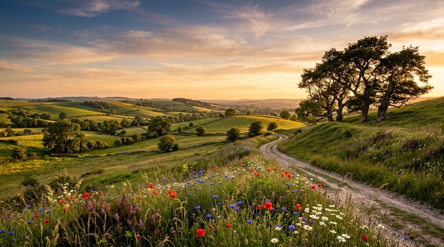 picturesque rolling hills, wildflowers, ancient trees and golden evening light, timeless natural beauty, ultra-realistic landscape photography with large copy space, premium poster and billboard compo