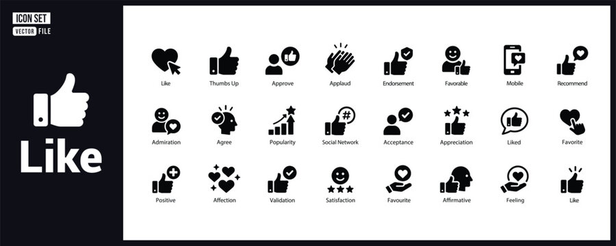 Social Media Like and Positive Feedback Solid Glyph Icons Set Premium Vector Collection