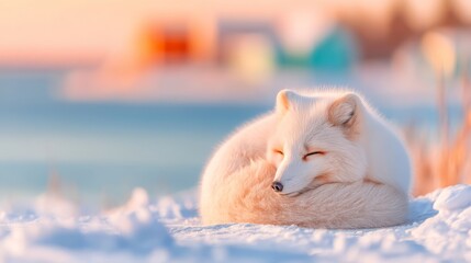 Fototapeta premium Arctic Fox Curled in Tight Ball on Frozen Tundra with Soft Sunset Glow