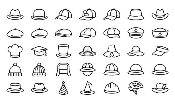 Modern Hat Outline Icon Set Editable Vector Collection with Caps Headwear and Fashion Symbols