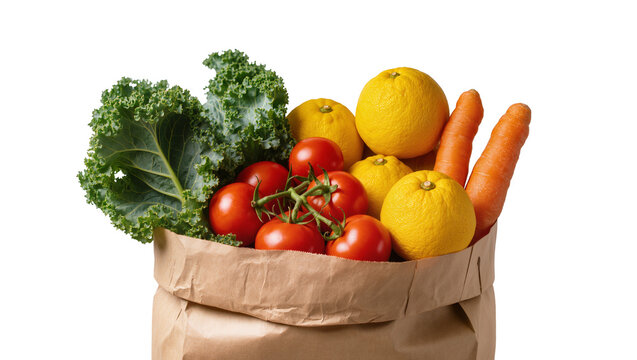 Brown paper bag filled with fresh kale tomatoes oranges, and carrots