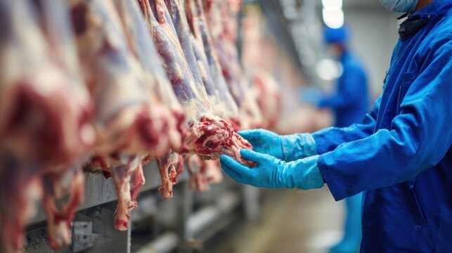 Worker inspecting beef carcasses in a modern meat processing facility, ensuring food safety, hygiene standards, quality control, and regulated meat production.
