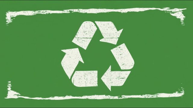 Grunge recycle symbol subtly pulsing and rotating with drifting distressed border seamless loop stop motion digital animation
