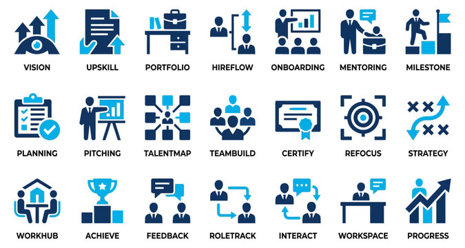 Business concept icons for growth planning and team building isolated on white background