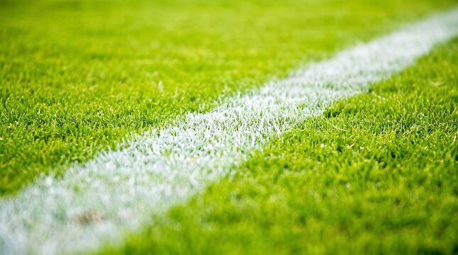 White boundary line on vibrant green grass of a professional soccer field stadium