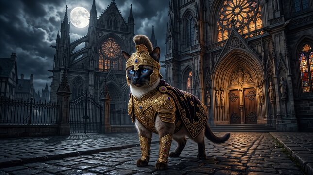 Regal Siamese cat wearing ornate gold armor and purple cape in front of a gothic cathedral under a full moon, fantasy warrior animal concept, cinematic night scene