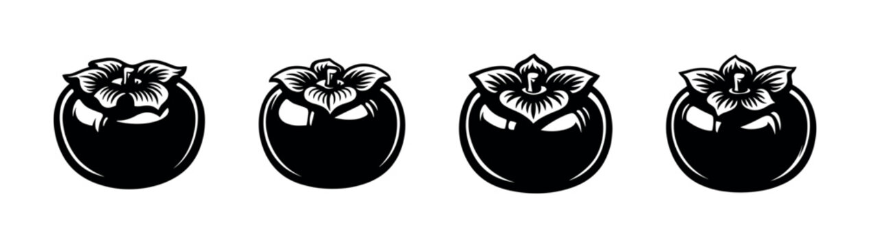 Set of four stylized black persimmon icons with detailed leaves and stems