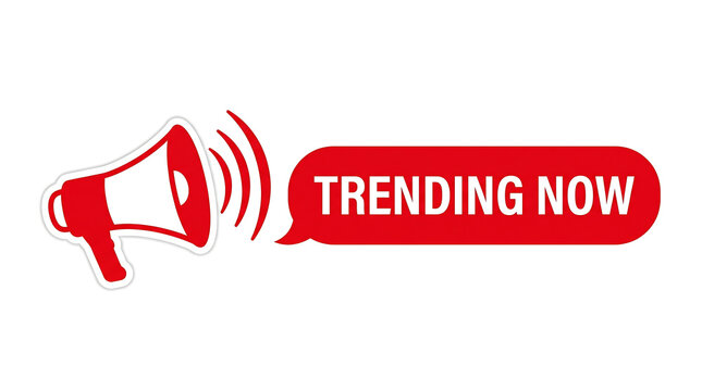 Megaphone icon with trending now text bubble isolated on white background for digital marketing communication