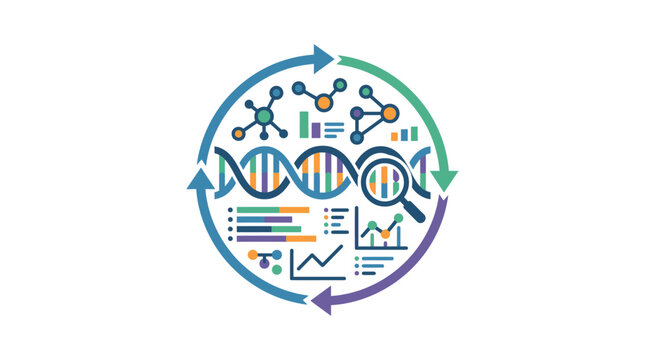 Circular biotechnology infographic with DNA and research icons