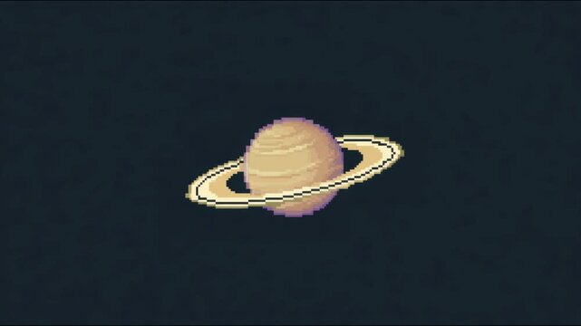 Pixel art saturn rotating rings spinning in starry space retro setting seamless loop stop motion drawn digital animation