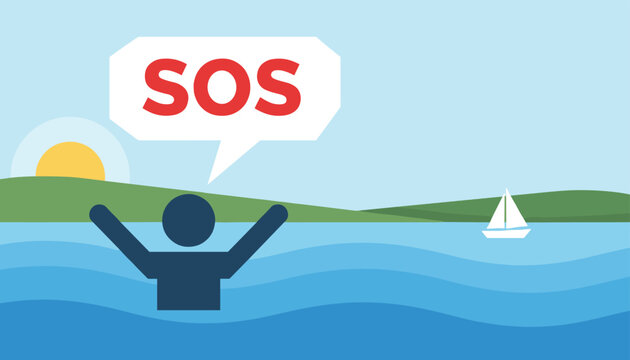 Drowning helpless man waving his hands in the deep blue ocean and calling for help with a large red SOS sign.