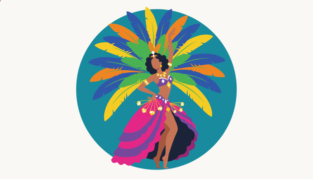 Gorgeous Brazilian carnival dancer wearing a colorful feather costume and performing inside a blue circle background.