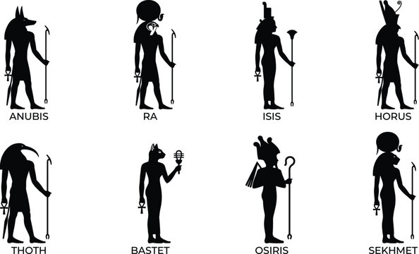 Ancient Egyptian gods and goddesses vector silhouette icon set featuring major deities with names and traditional symbols