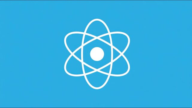 White atom icon pulsing and rotating center stage flat blue setting seamless loop hand drawn digital animation