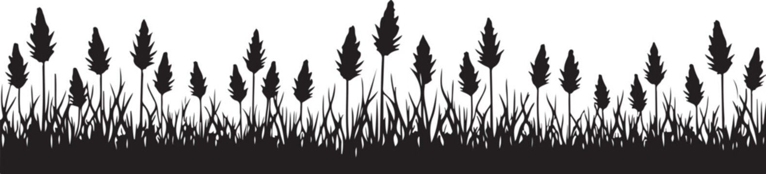 Black silhouette grass landscape border, vector grassland scene, dark foliage pattern, natural landscape element
