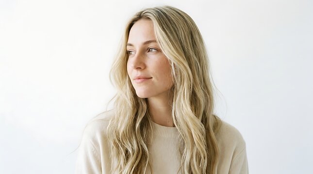 Portrait of a young woman with blonde hair looking aside against white background