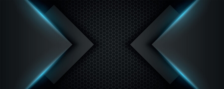 Abstract techno background with modern metallic hexagon mesh texture. Futuristic design with overlapping square layers and blue light effect decoration.