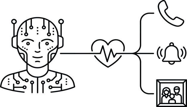 Robot connected to heart symbol with phone bell and family picture  technology and healthcare concept