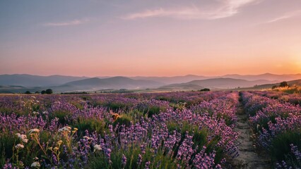 Fototapeta premium Lavender Flower Field Sunset Mountain Valley Landscape