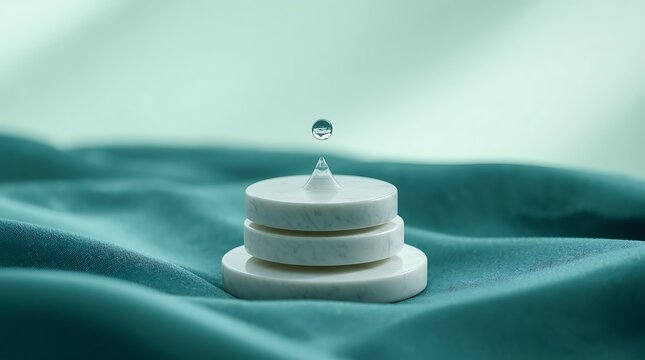 Water droplet falling onto stacked white tablets on a teal fabric surface.
