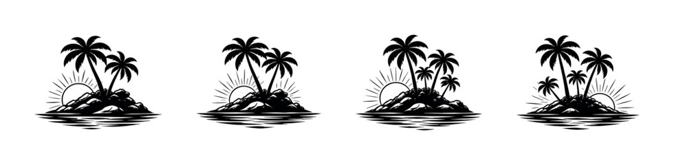 Tropical island silhouettes with palm trees and sunburst over the ocean © Compositor 