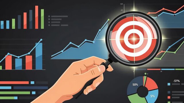 Magnifying glass highlighting vibrant data trends and targets for business insights and analysis