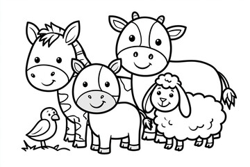 Naklejka premium Cute farm animals stand together in a happy group. Zebra, cow, pig, sheep, and a bird smile at each other. Simple black lines create a friendly, inviting feel
