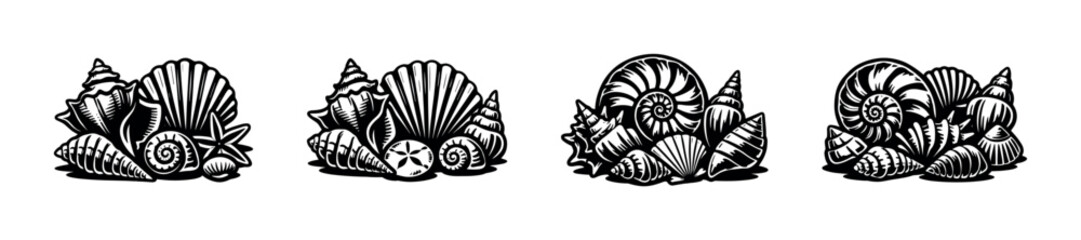 Collection of diverse seashells and marine life illustrations in black and white © Compositor 