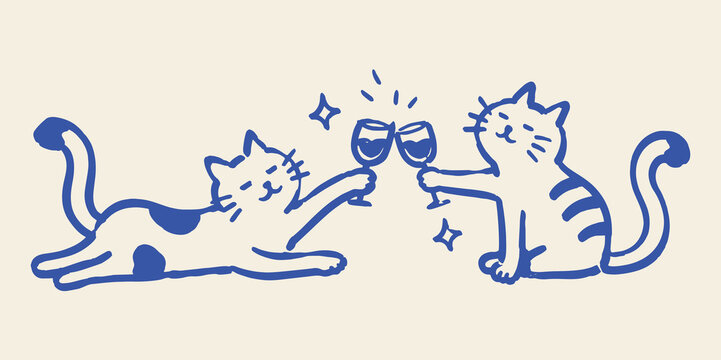 Cats Clinking Wine Glasses Doodle Vector Illustration