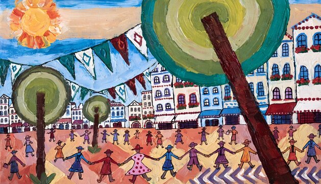 Folk art painting of a festive town square celebration with people dancing hand in hand under colorful bunting flags