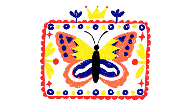 Colorful Folk Art Butterfly Illustration with Crown and Decorative Border