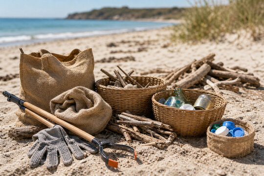 Beach cleanup tools and reusable sacks on quiet coast