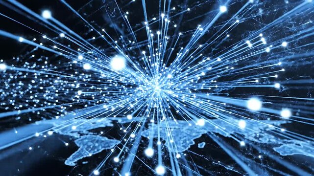 Fiber optic cables connecting a glowing world map, symbolizing global data transfer.