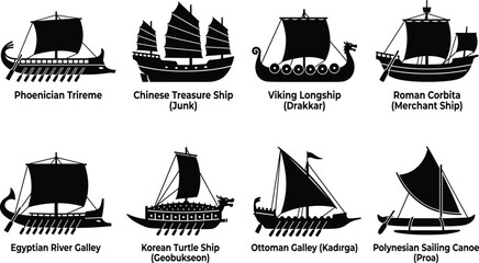 Historical sailing ships and ancient naval vessels vector silhouette icon set representing global maritime history and exploration © MdHasmot