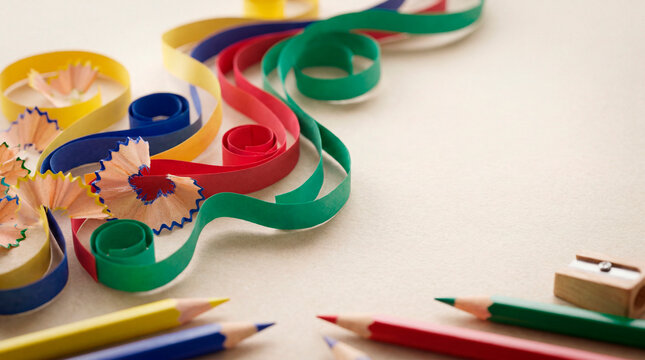 Colorful paper quilling ribbons with pencil shavings and crayons on a cream background