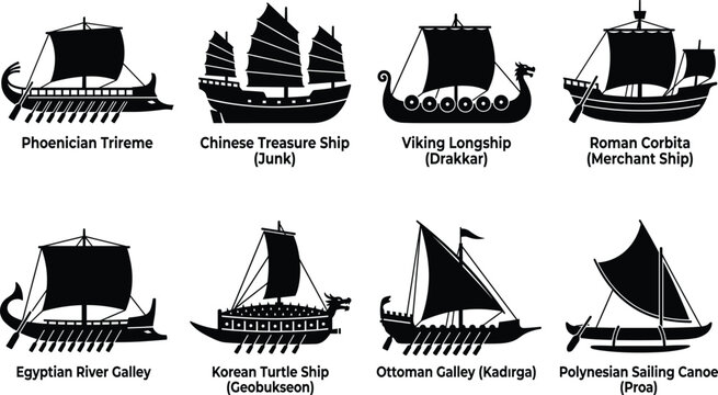 Historical sailing ships and ancient naval vessels vector silhouette icon set representing global maritime history and exploration