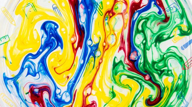 Colorful liquid paint swirl marble texture with primary colors for a creative school background