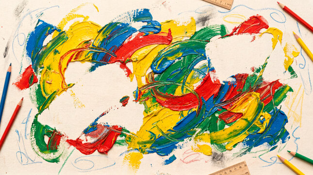 Abstract primary color paint strokes with wooden rulers on a white artistic background