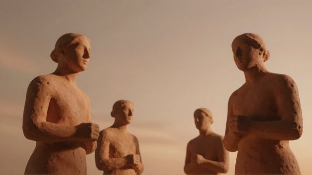 Group of human statues standing together in an outdoor setting with a warm sunset light aesthetic
