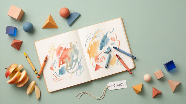 Open sketchbook with watercolor doodles wooden shapes and apple on a green school background