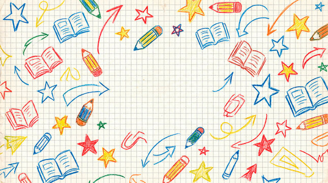 Hand drawn school doodles of books pencils and stars on grid paper with copy space