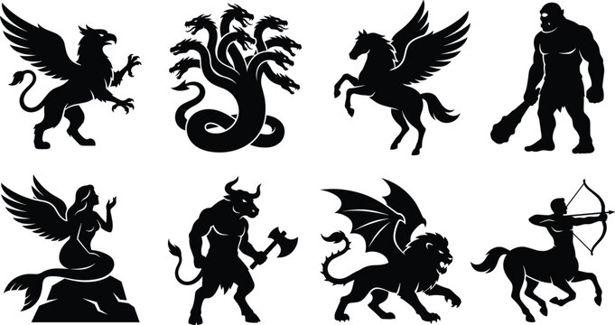 Mythological creatures and fantasy monsters vector silhouette icon set featuring legendary beasts from ancient folklore and mythology