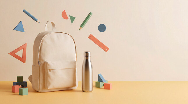 Canvas backpack and water bottle with floating school supplies on a beige background