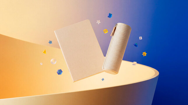 Floating notebook and pencil case mockup with geometric shapes on a blue gradient