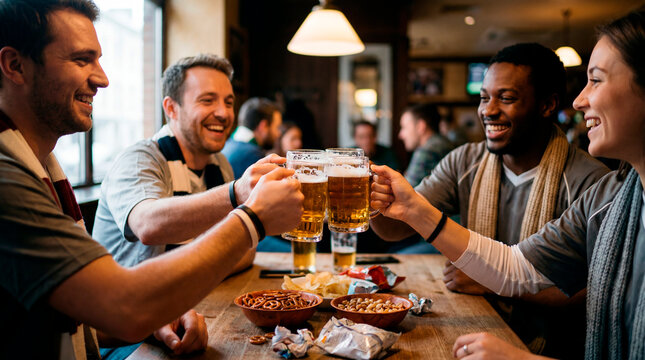 Group of male and female fans clinking beer glasses during a football game in a pub